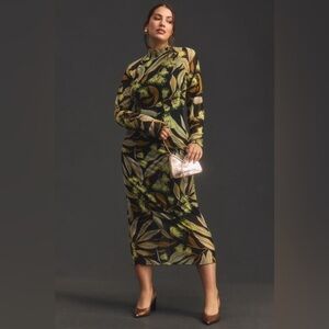 By Anthropologie Long-Sleeve Mock-Neck Printed Slim Midi Dress